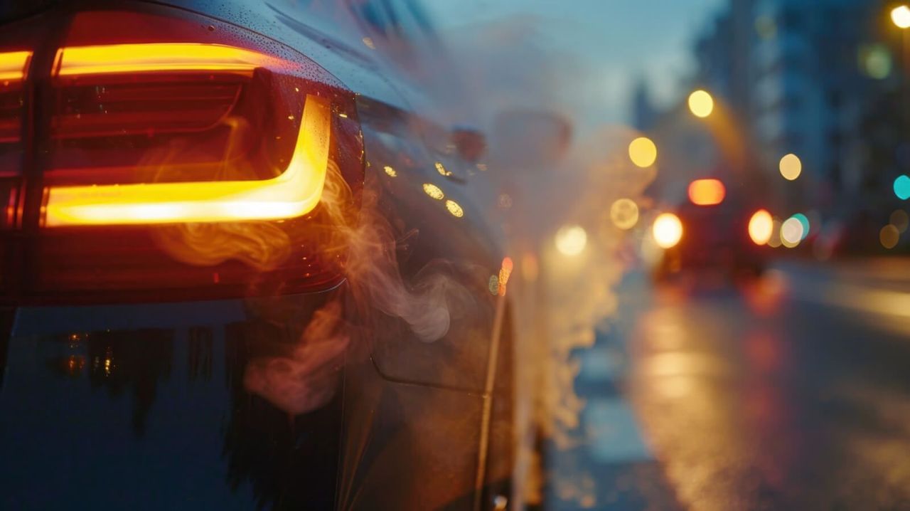 close up of car with exhaust fumes