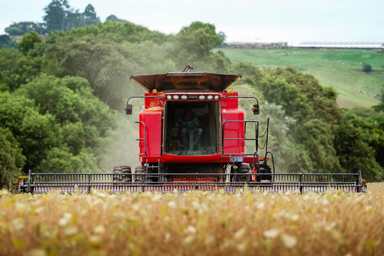red combi harvester in field